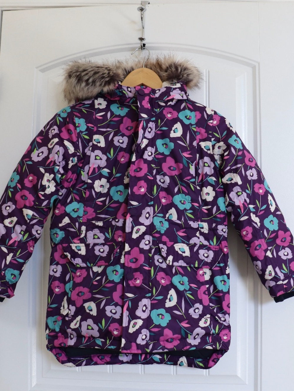 Lands End Girls Expedition Down Parka Purple Floral Print Size 8 Faux Fur Snow